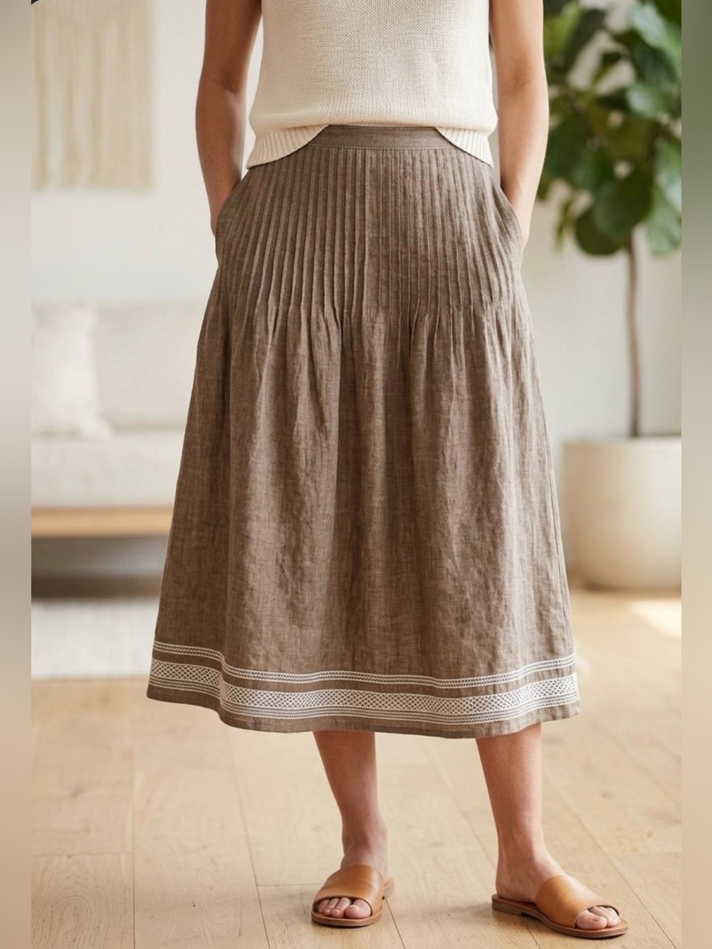 Eddie Bauer Brown Linen Pleated Midi Skirt Women's Size 4 Casual Summer